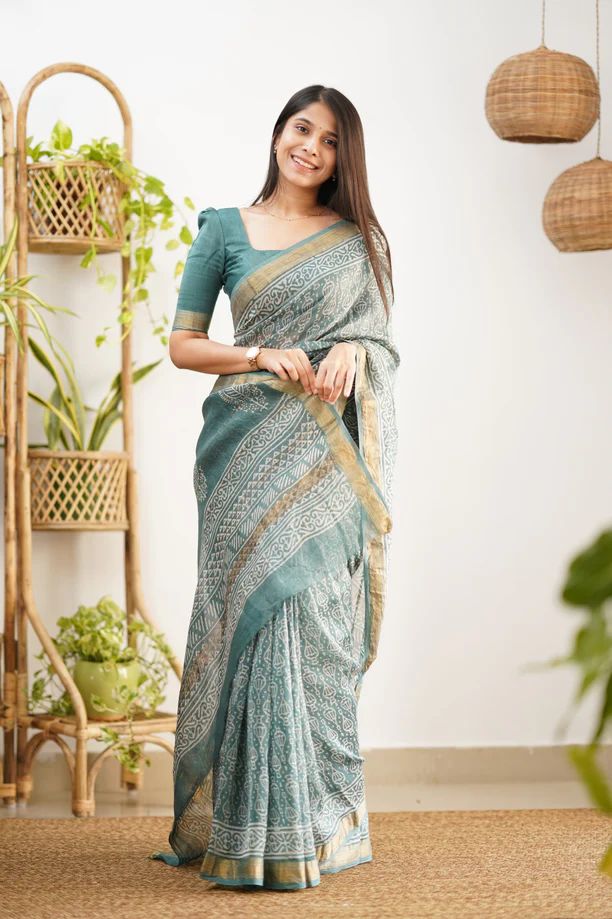 Seafoam Cotton Floral Saree