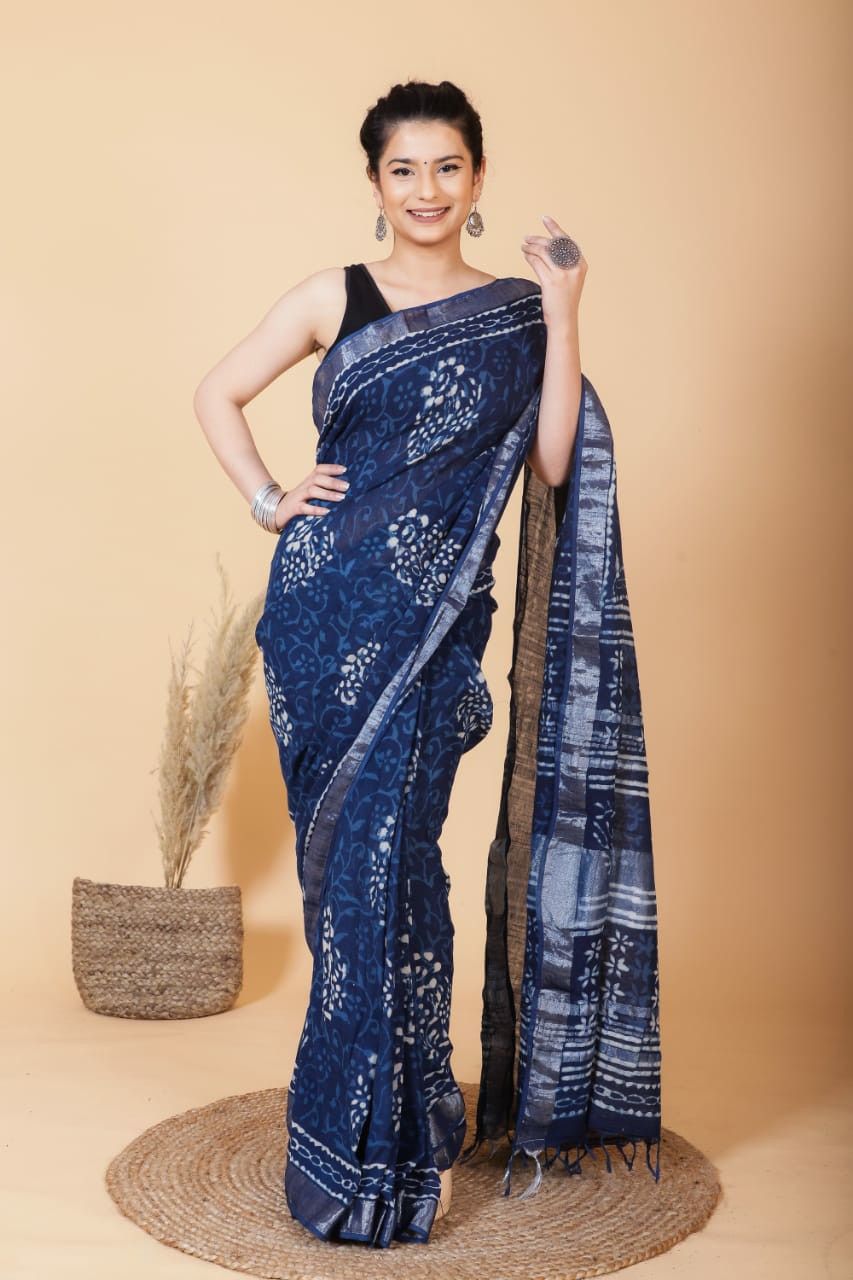 Indigo Bloom Linen Saree