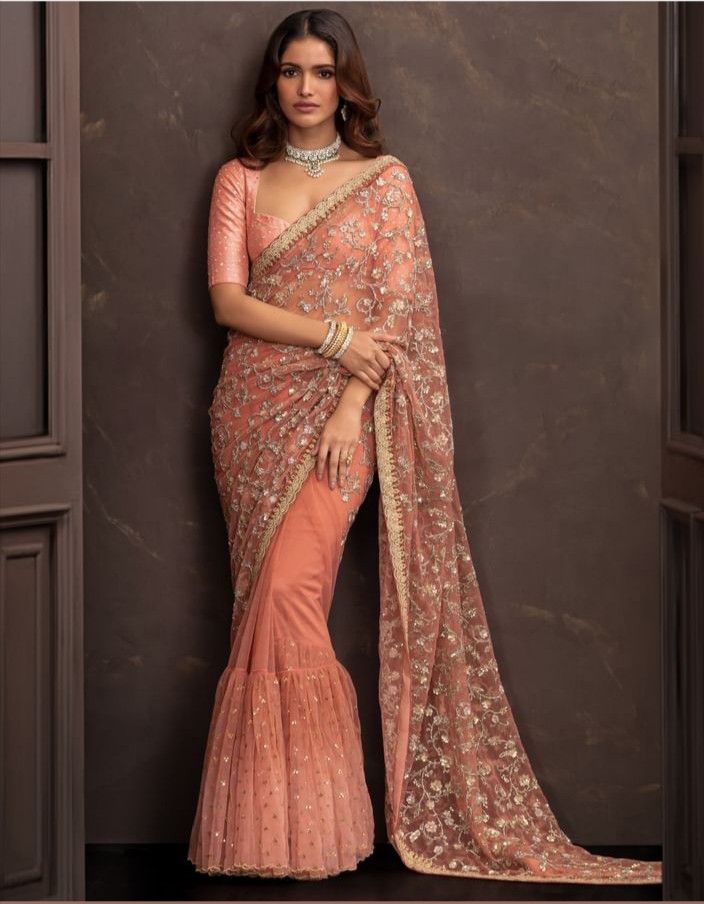 Peach Net Party Saree
