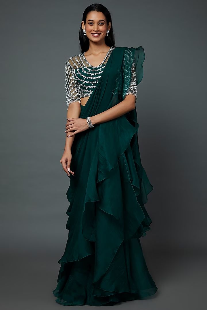 Emerald Green Chiffon Saree thumbnail 1