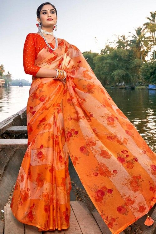 Orange Georgette Casual Saree thumbnail 1