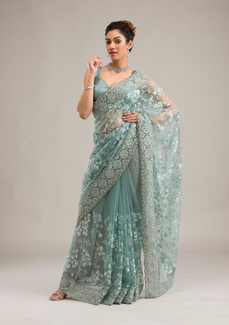 Turquoise Net Party Saree thumbnail 1