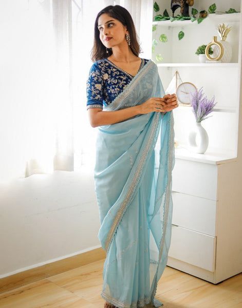 Sky Blue Georgette Party Saree thumbnail 1