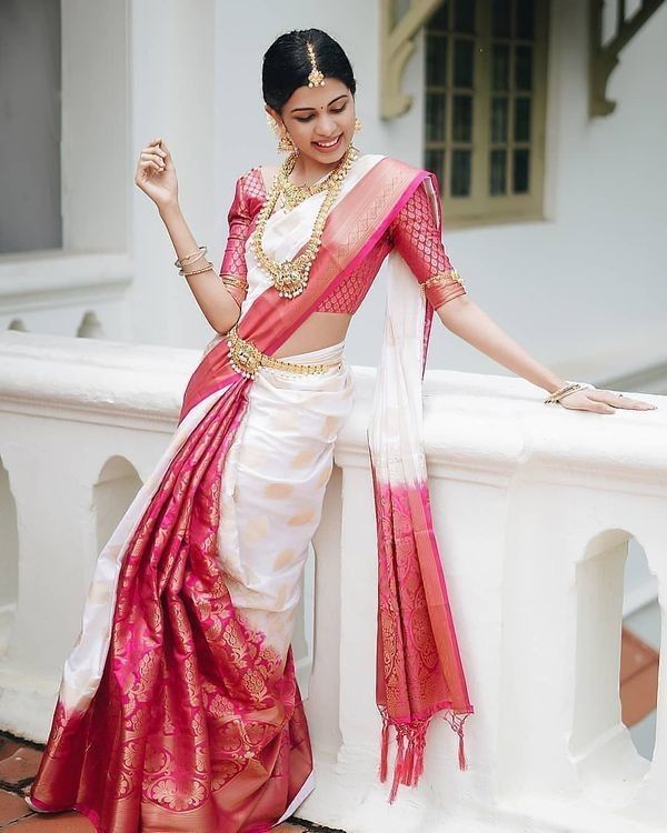 White & Pink Bridal Silk Saree
