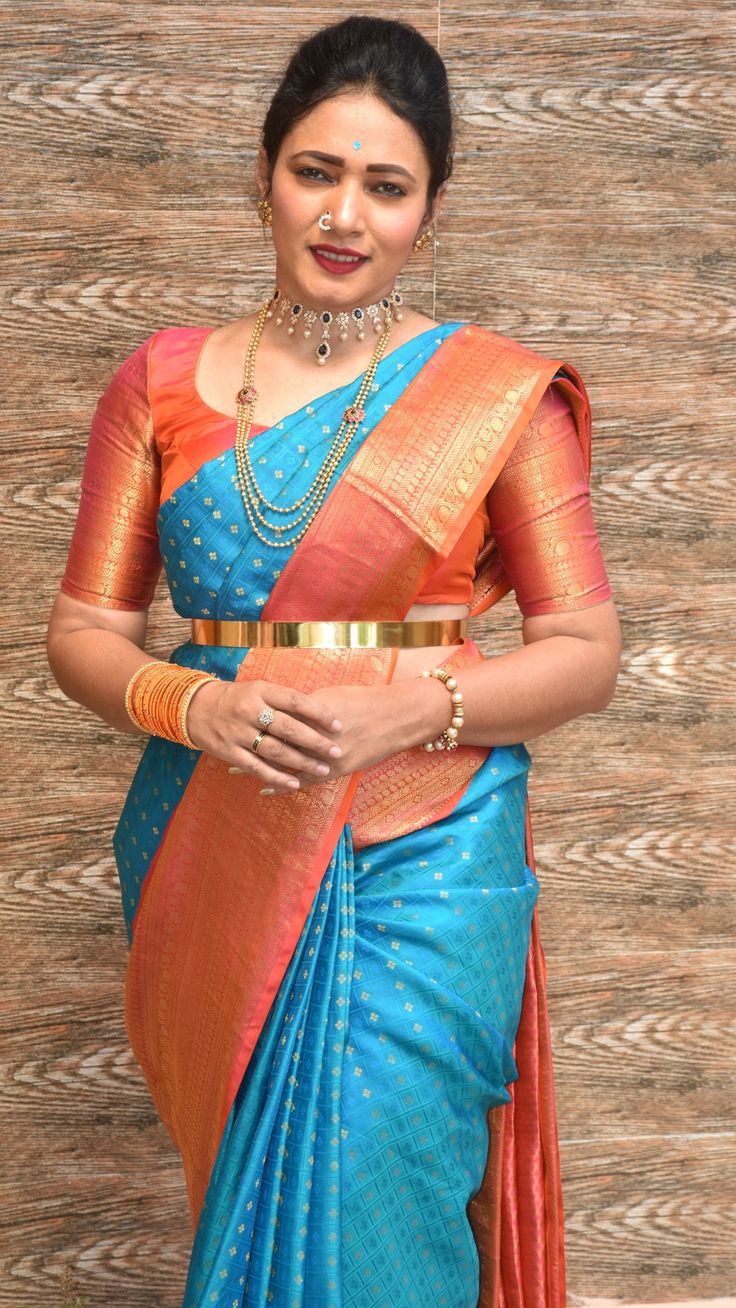 Orange & Blue Designer Saree thumbnail 1