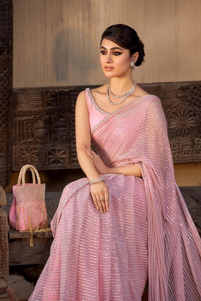 Pink & Silver Net Saree thumbnail 1