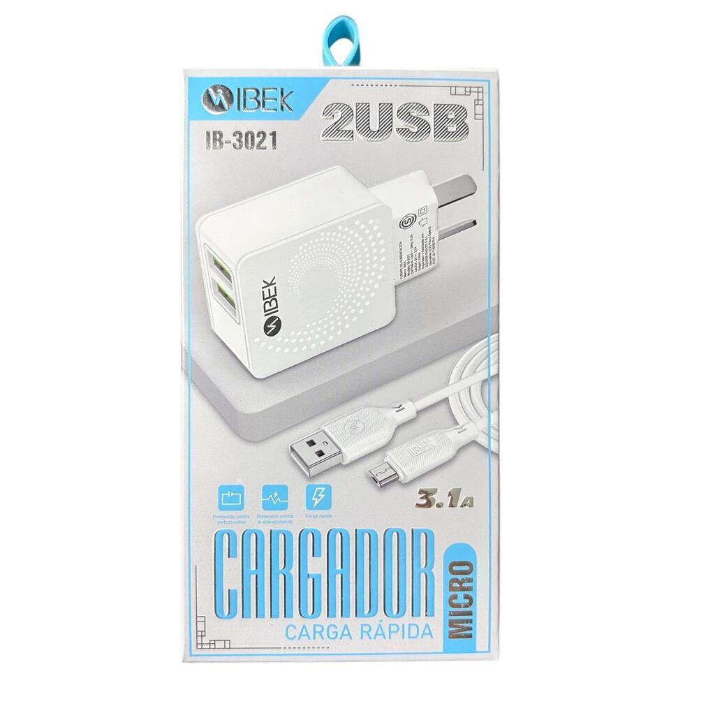 CARGADOR MICRO USB 3.1A CON DOS ENTRADAS USB IBEK IB-3020 miniatura 2