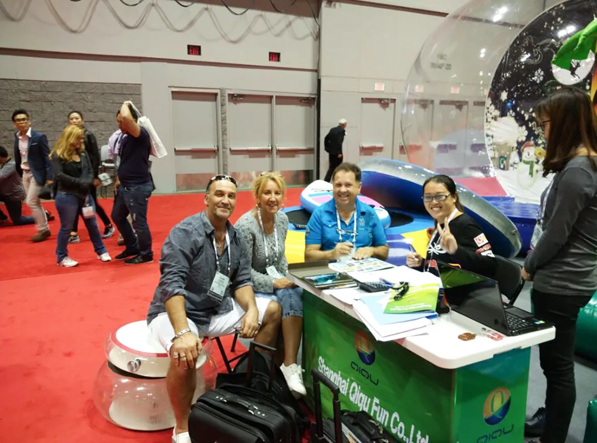 Shanghai Qiqu Fun Founder Emily laying the foundational manufacturing roots for our North American market presence with commercial-grade inflatables at IAAPA Orlando 2015