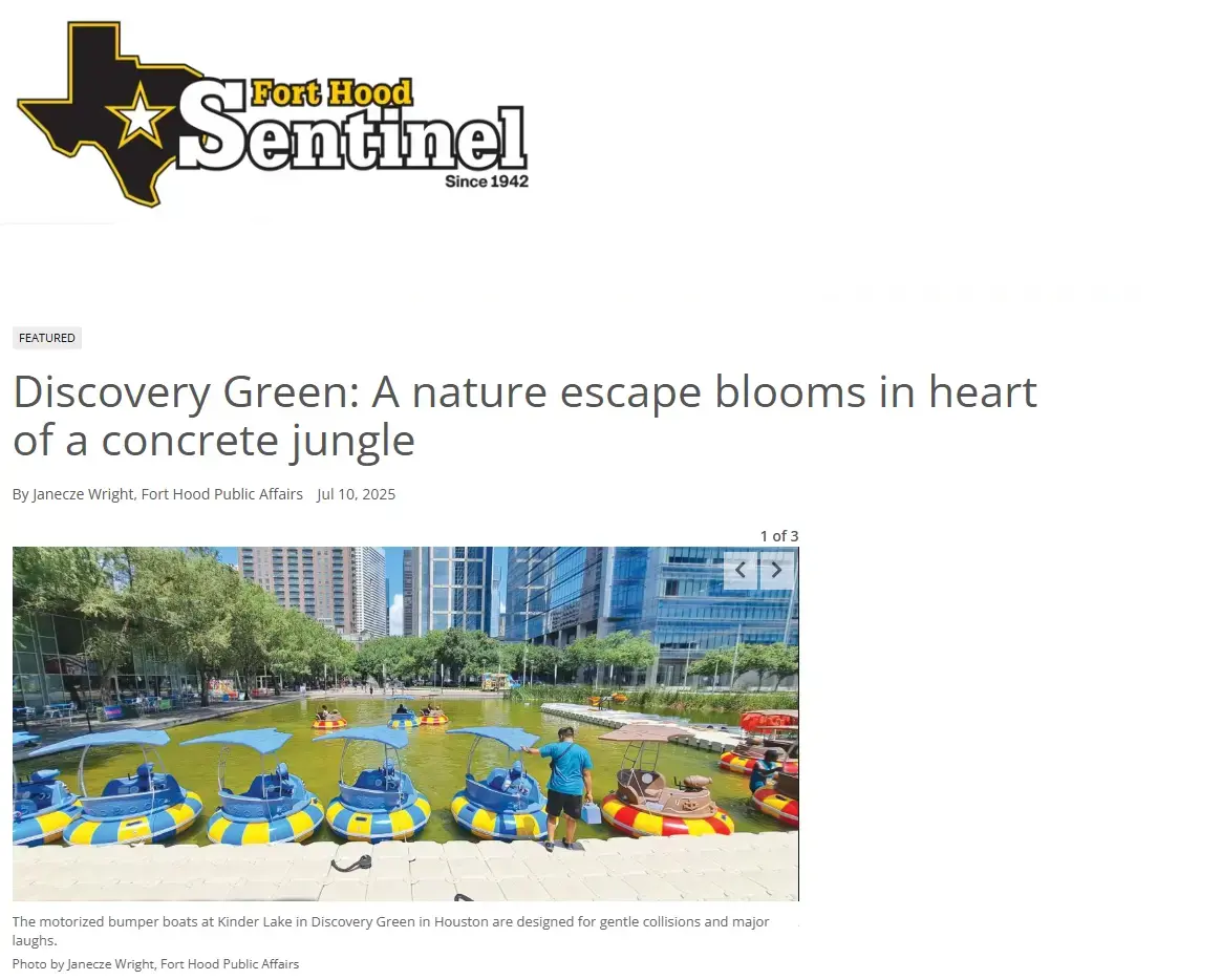 Fort Hood Sentinel feature article showcasing Qiqu Fun bumper boats at Discovery Green as a nature escape and regional tourism destination for military families.