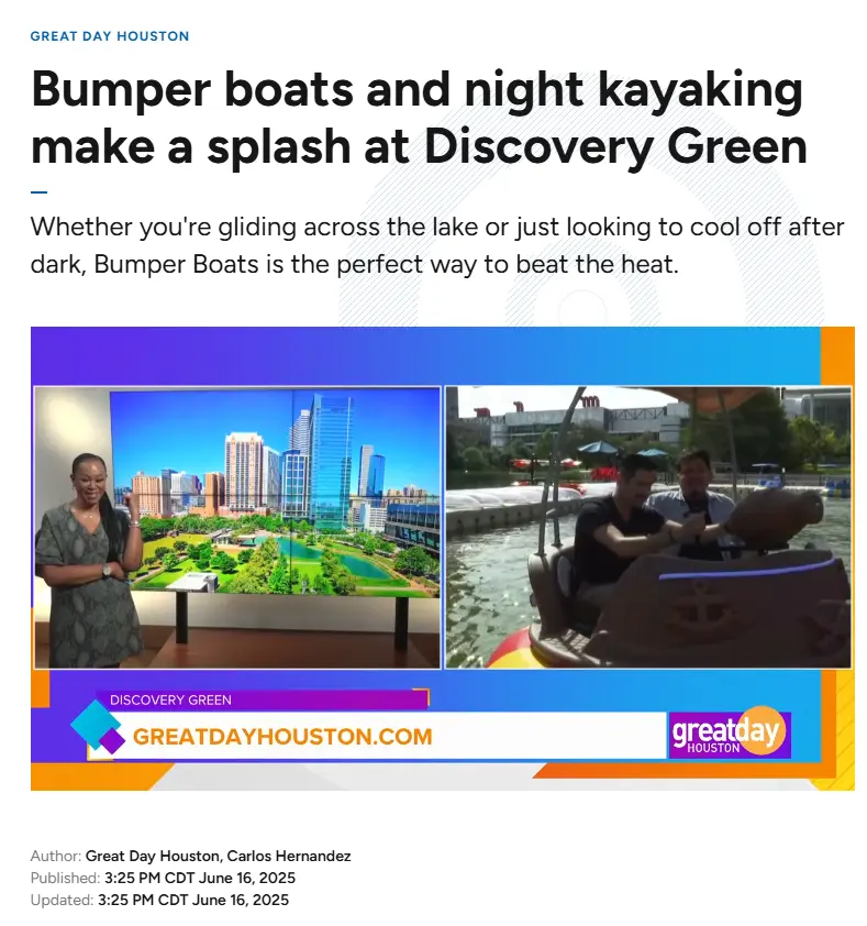 Great Day Houston news anchor reporting live on the massive tourist queues generated by Qiqu Fun's heavy-duty pirate bumper boats at Discovery Green.