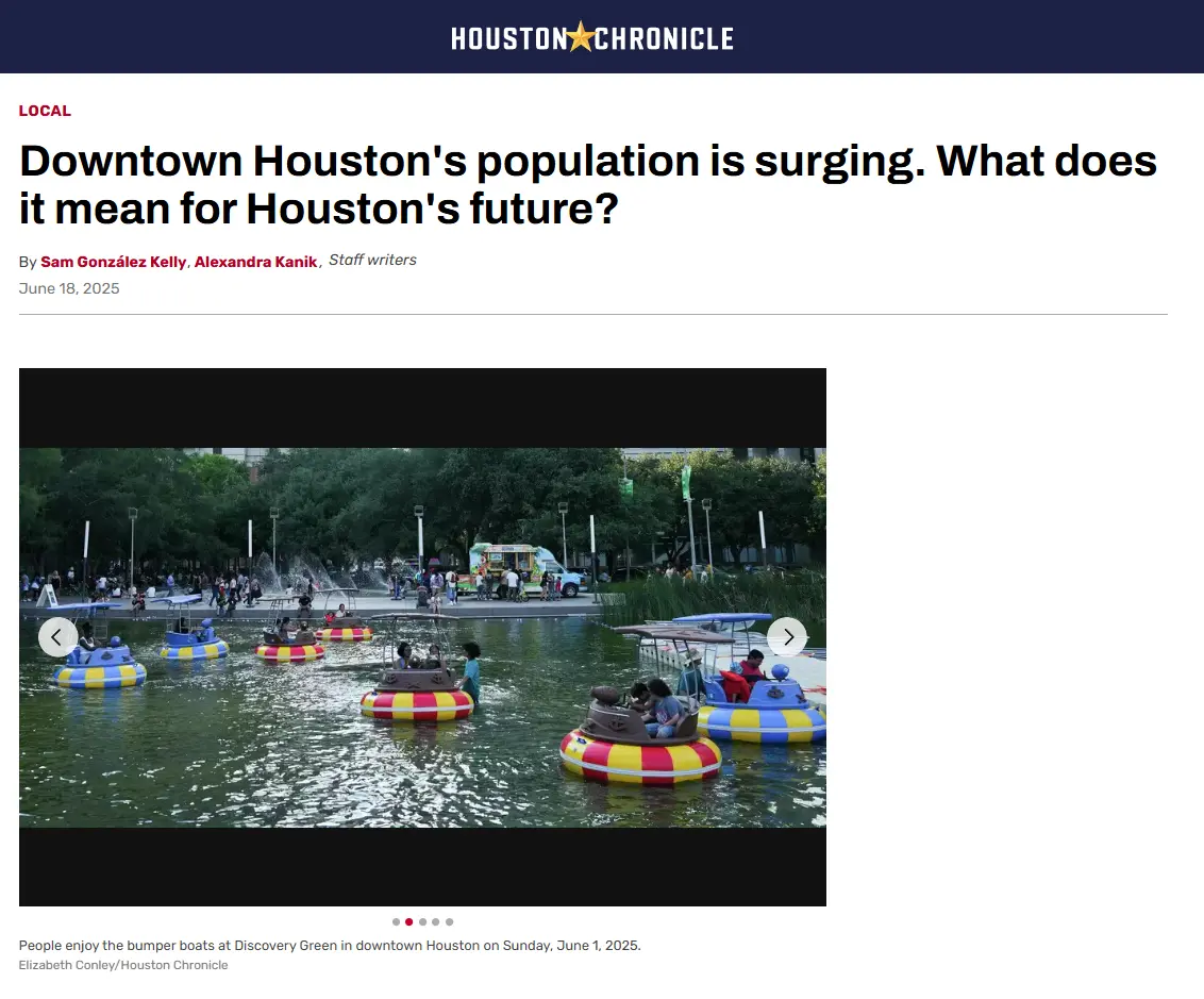 Houston Chronicle article screenshot showing families enjoying Qiqu Fun bumper boats at Discovery Green, illustrating downtown Houston's urban activation and economic surge.