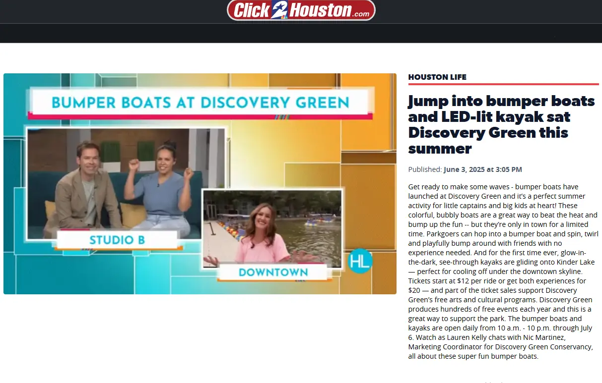 Houston Life television hosts broadcasting live from Discovery Green, highlighting the massive family appeal and easy operation of Qiqu Fun's bumper boats.
