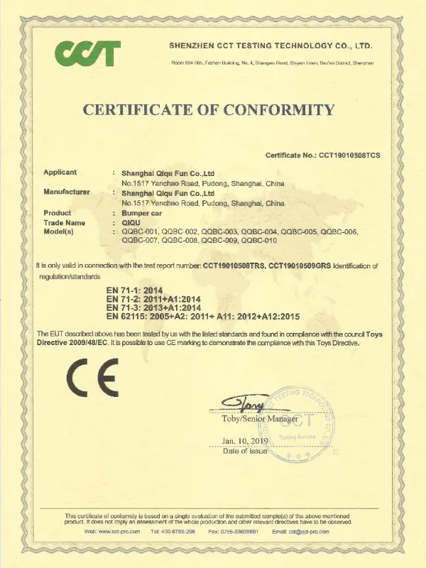 CE Conformity Certificate for QIQU Bumper Cars, Issued by CCT Testing in 2019