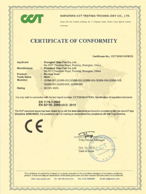 CE Conformity Certificate for QIQU Commercial PE Bumper Boats, Issued by CCT Testing in 2018