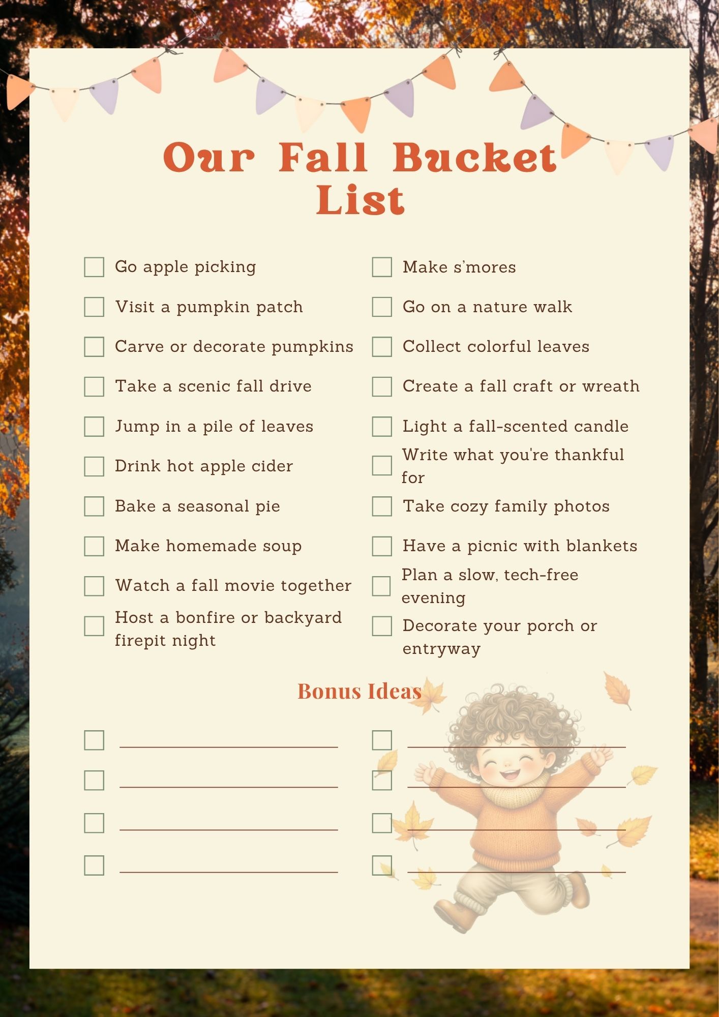 Fall bucket list template page