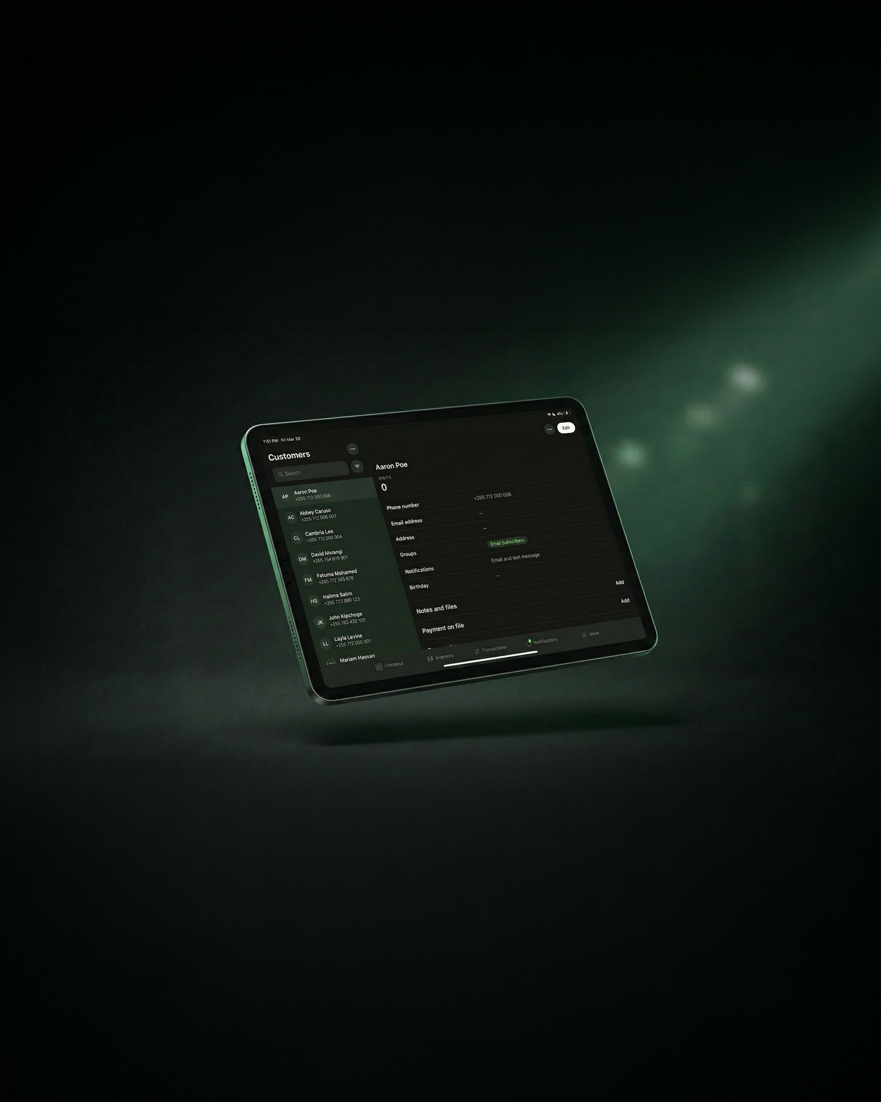Pokea customer management interface on a tablet
