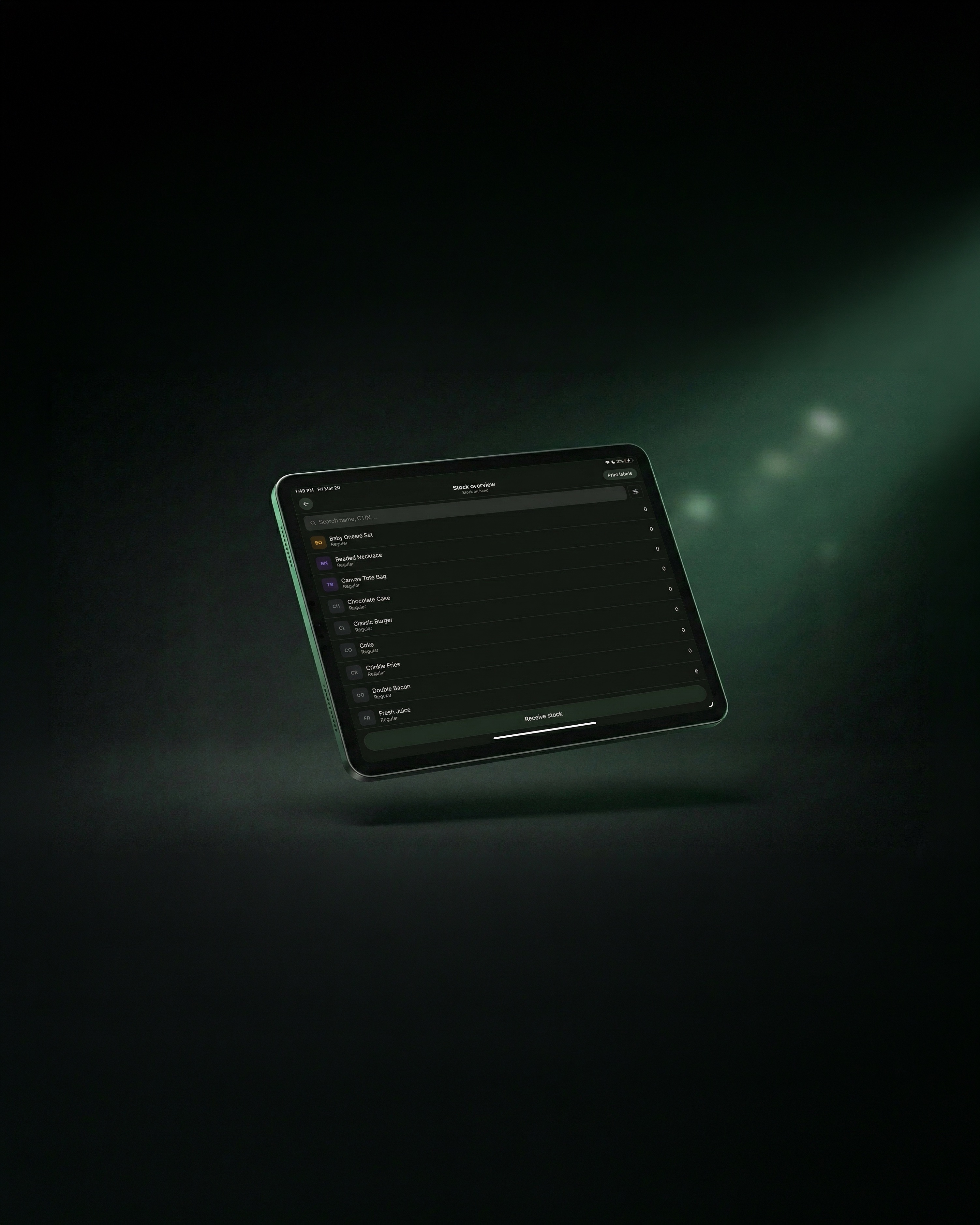 Pokea inventory interface on a tablet