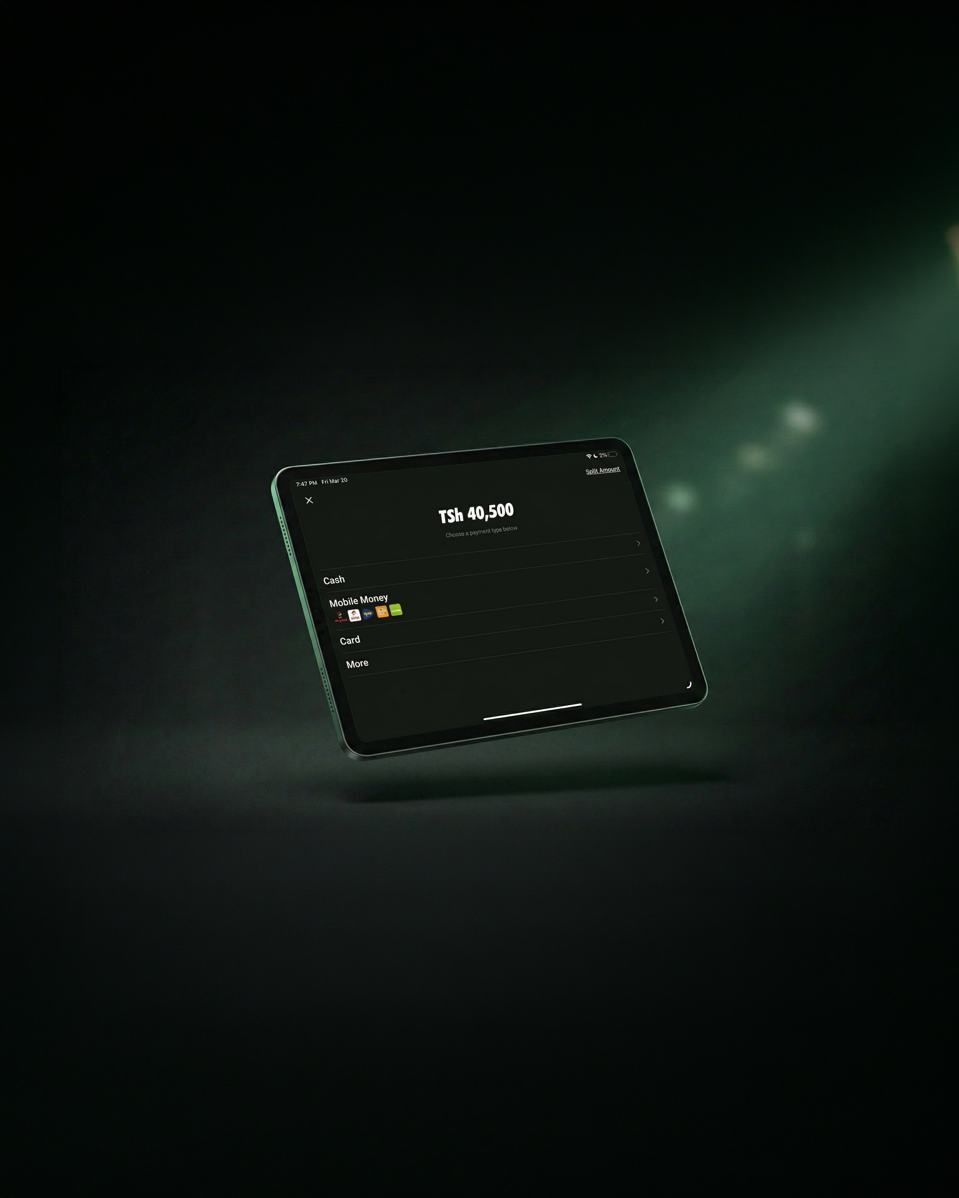Pokea payments interface on a tablet
