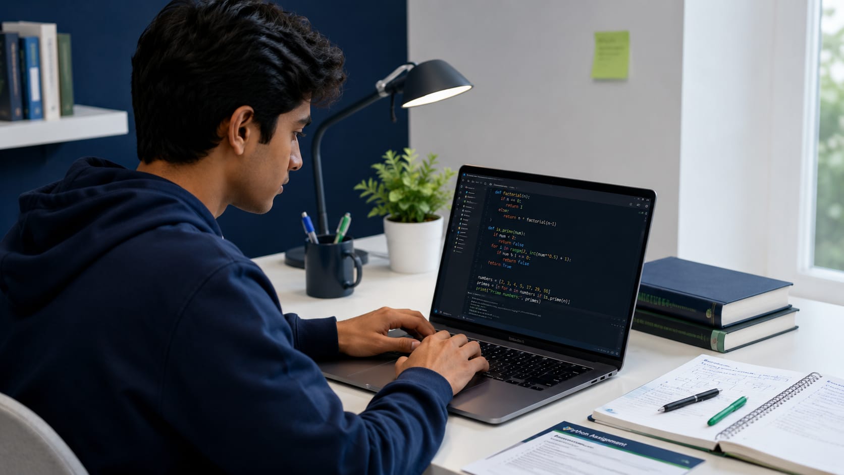 College student working on Python assignment help online with laptop and study notes