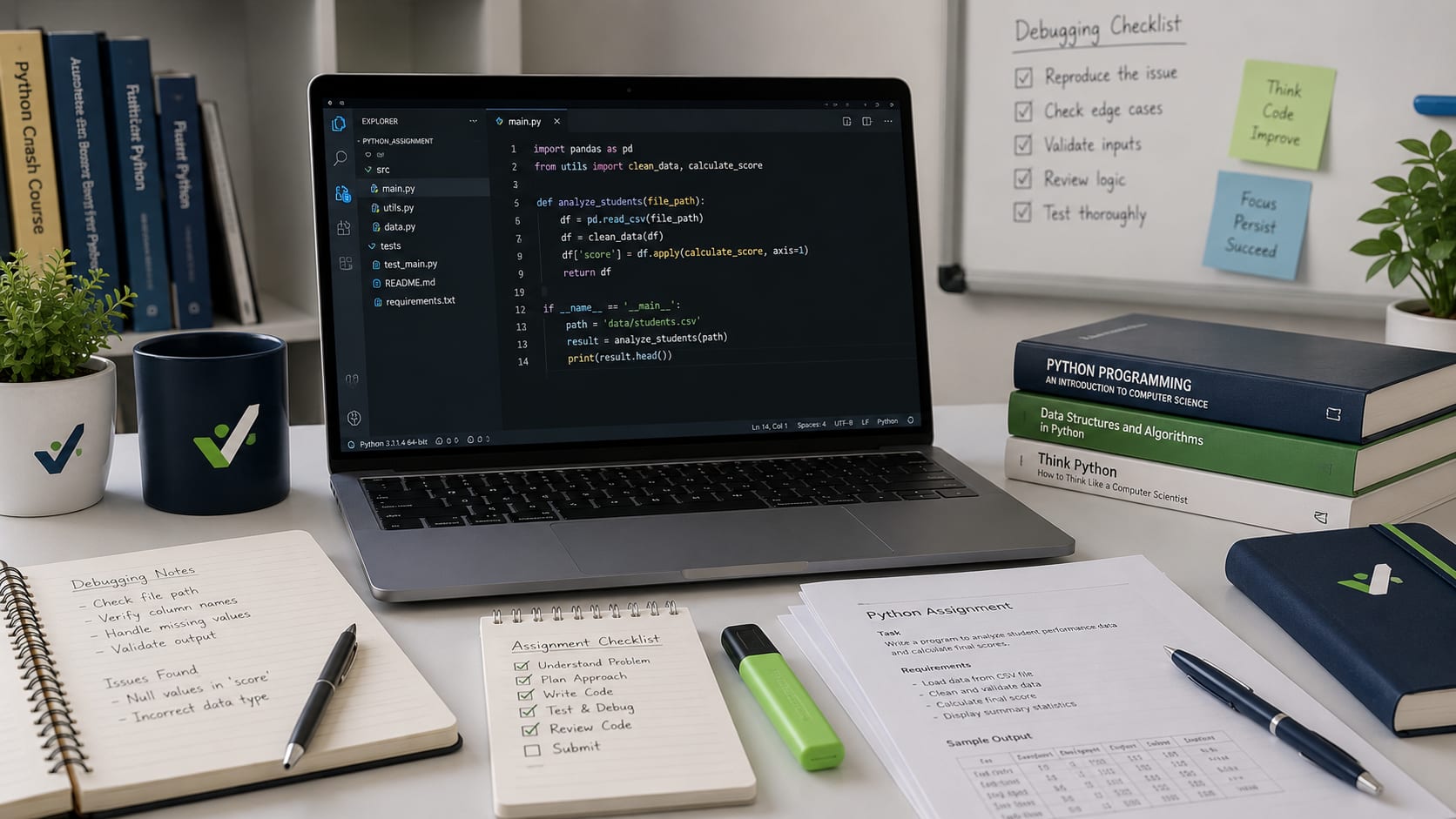 Python coding assignment help with debugging notes checklist and programming code on laptop