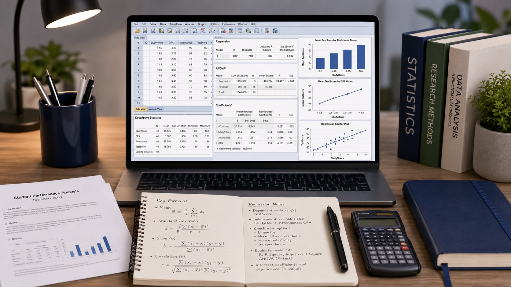 SPSS statistics assignment help with data tables charts regression output and student report writing