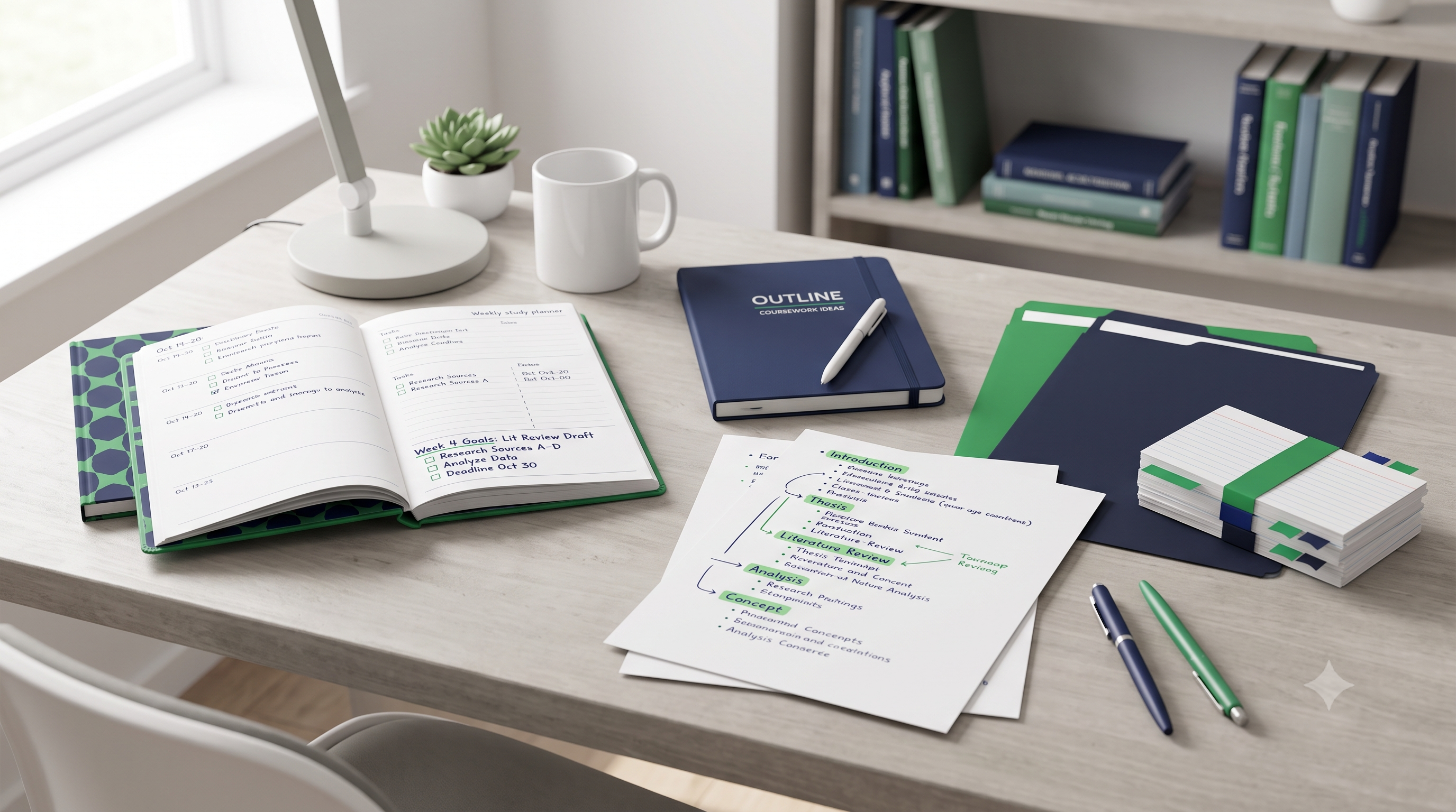 Coursework planning process shown with an outline, research notes, and a study schedule on a desk