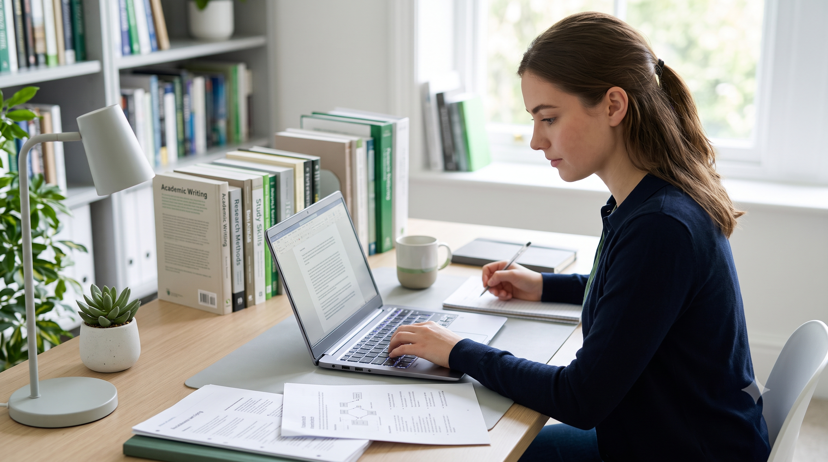 Student writing coursework on a laptop surrounded by textbooks and research notes