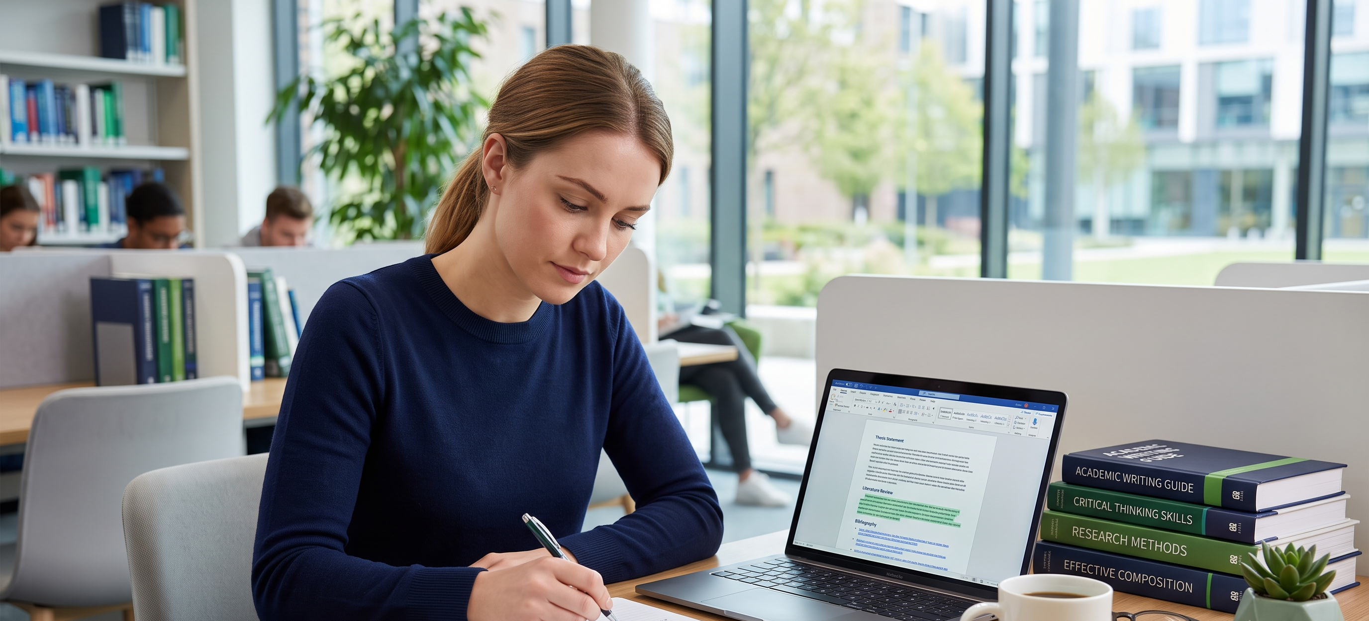 Academic writing checklist and editing process showing a student proofreading a research paper