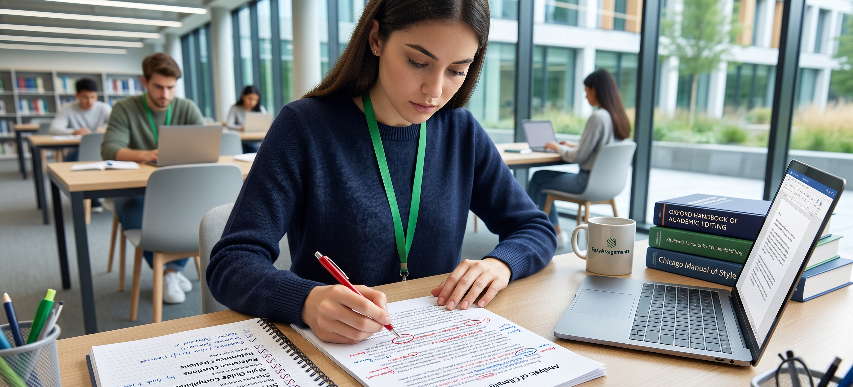 University student practicing academic writing skills and structure on a laptop with reference books