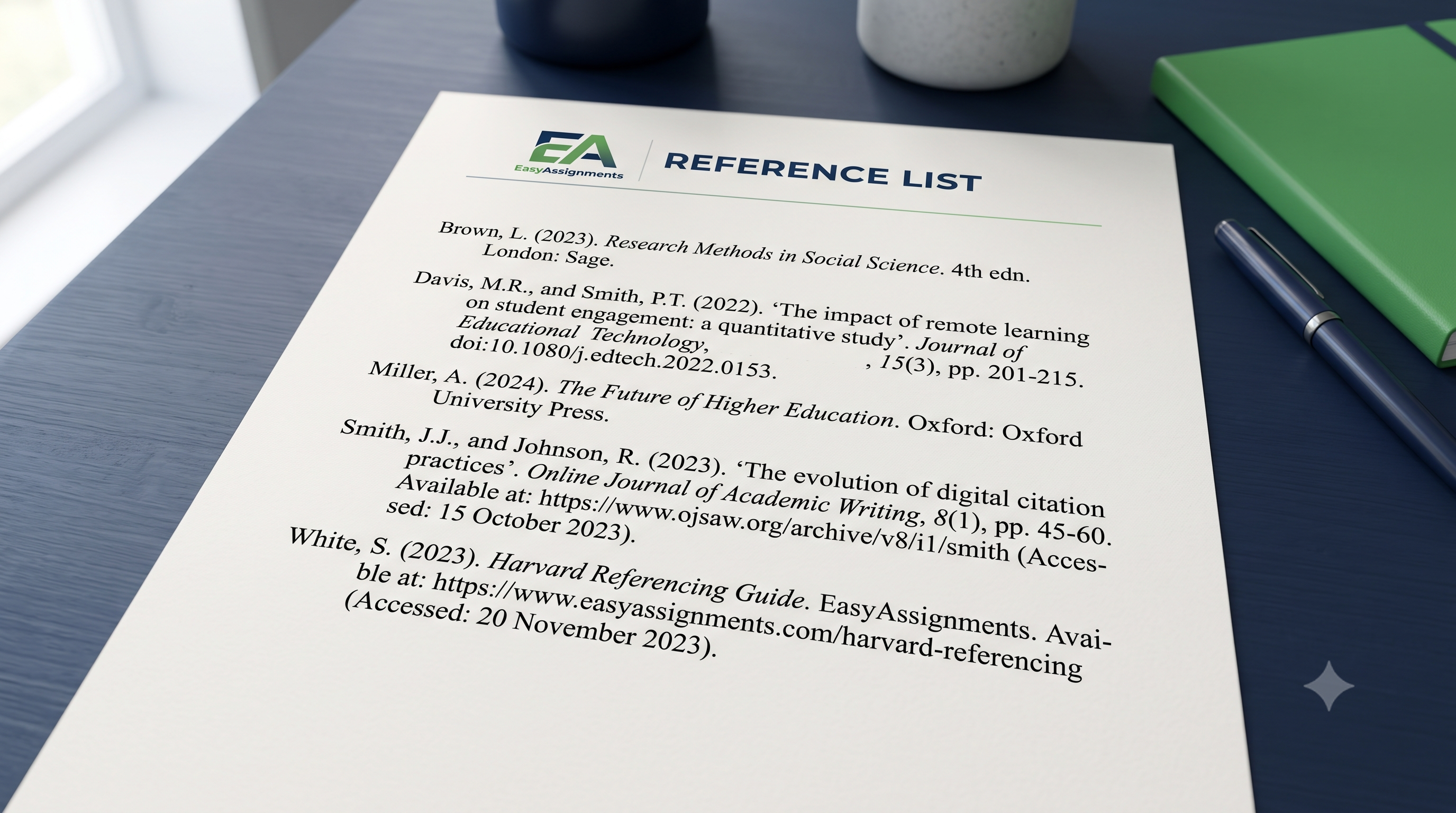 Close-up of a Harvard reference list showing correctly formatted book, journal, and website citations in alphabetical order