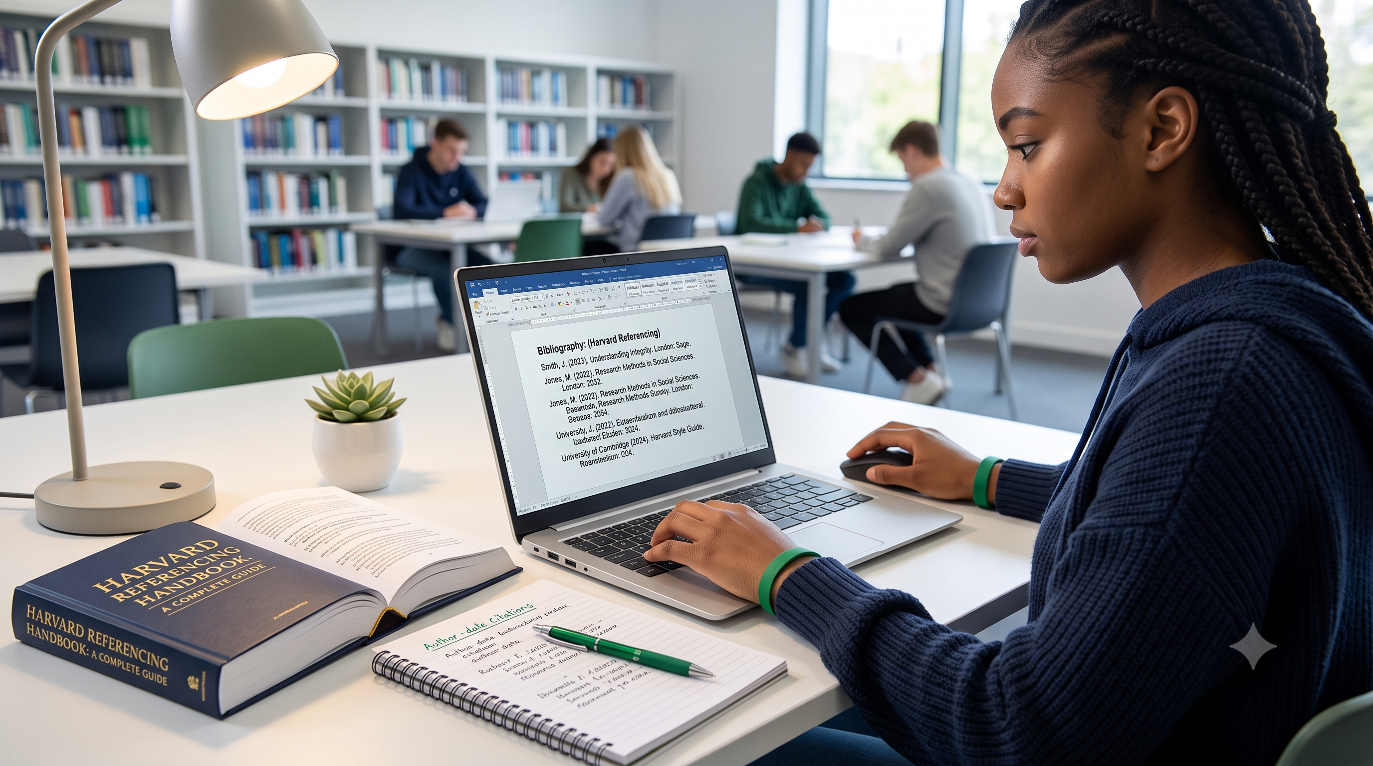 Student following a Harvard referencing guide while formatting citations for a university essay on a laptop