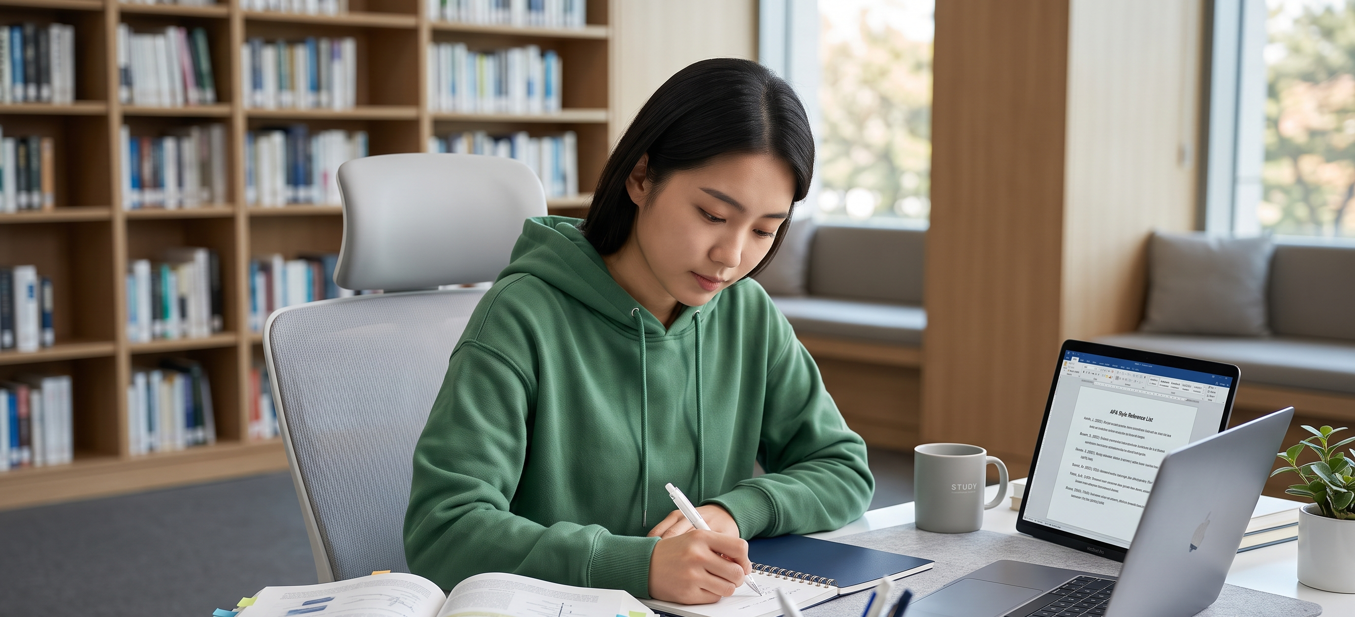 Student learning how to avoid plagiarism while writing an assignment with citations and reference notes