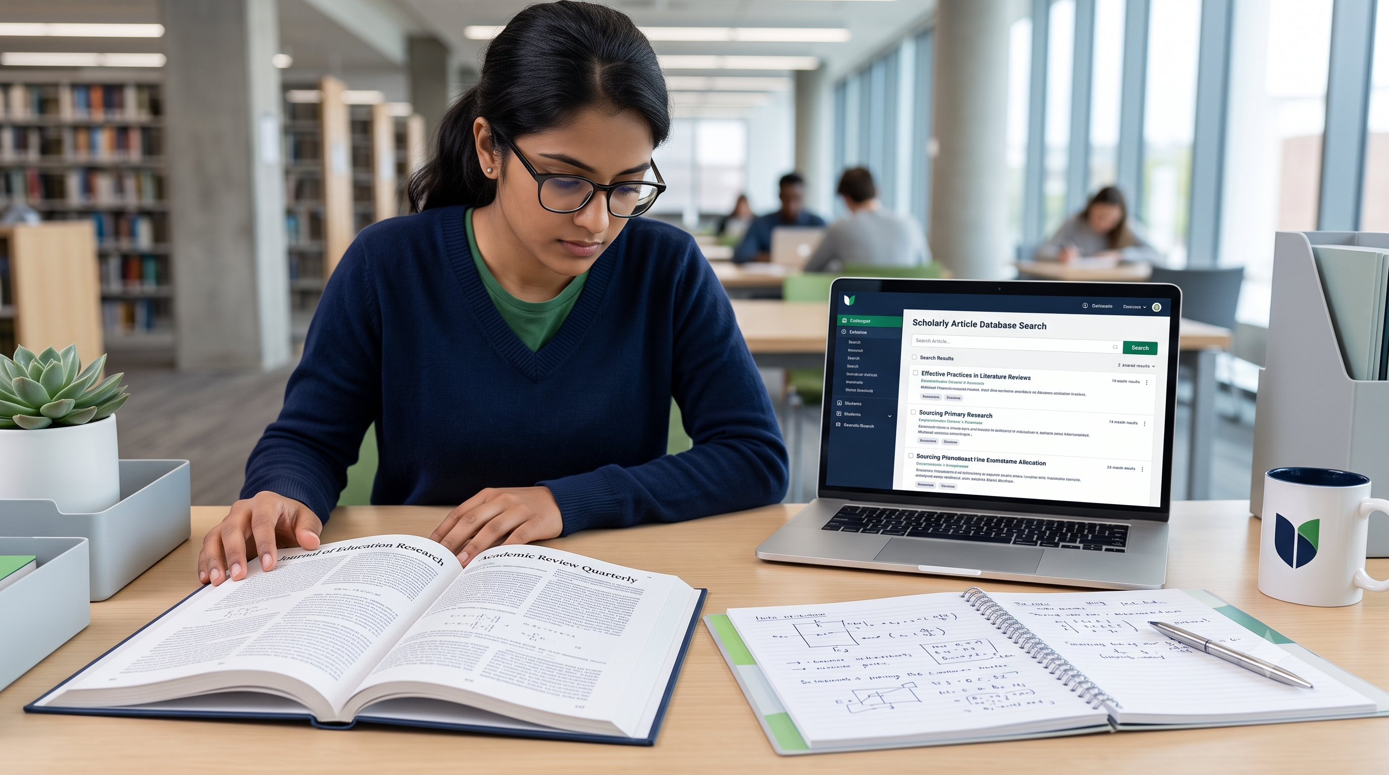 Student evaluating peer-reviewed journals and scholarly articles on a laptop while writing a literature review
