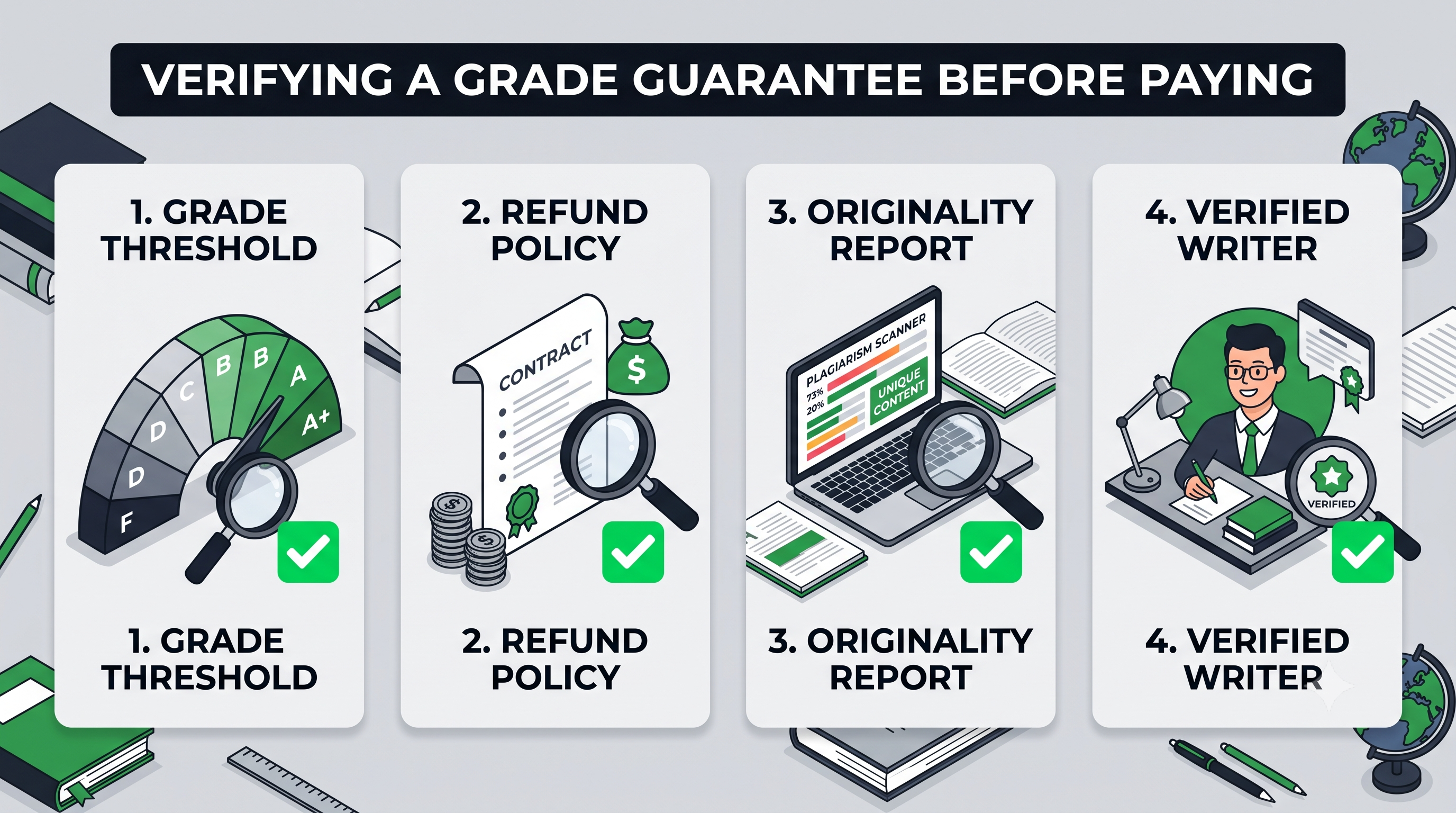 Four questions to verify an assignment help grade guarantee before paying, covering threshold, refund policy, originality and writer credentials