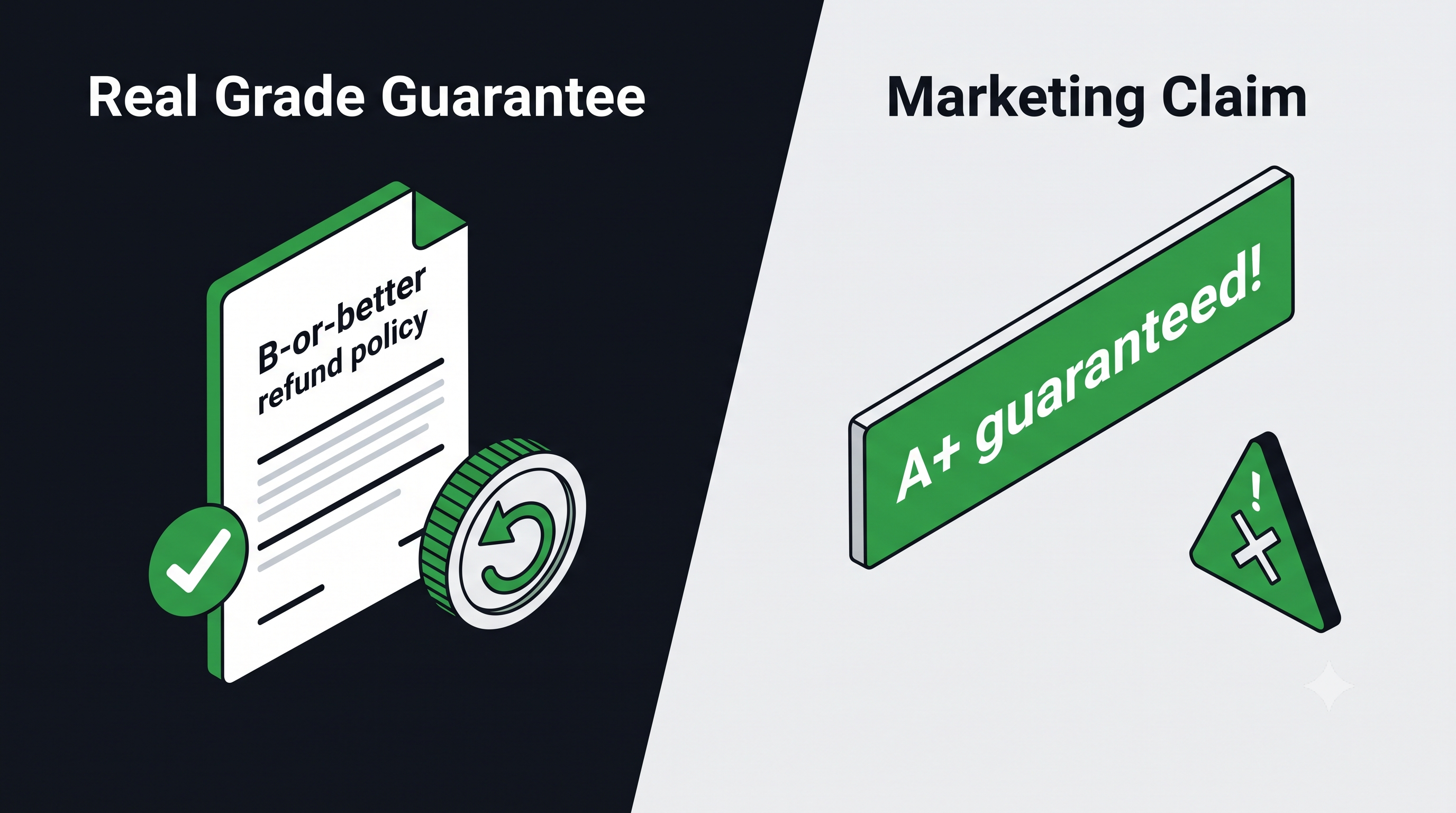 Comparing assignment help grade guarantees, a documented B-or-better refund policy versus a vague A-plus marketing claim
