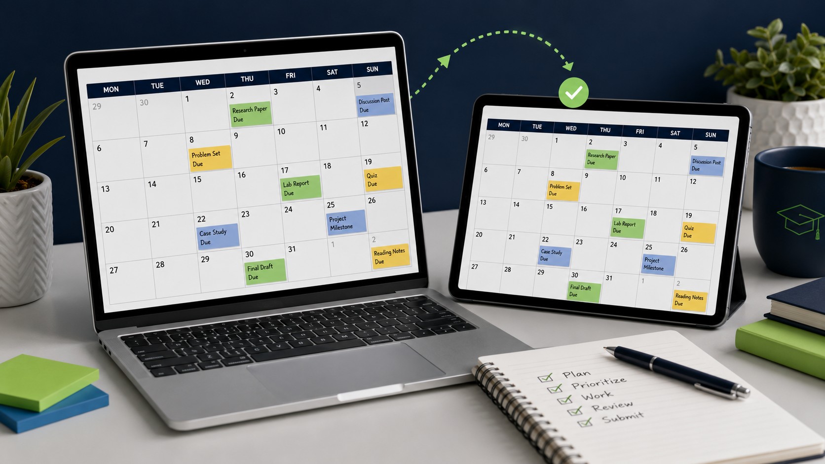 College student reviewing all course assignment deadlines in a single synced digital calendar