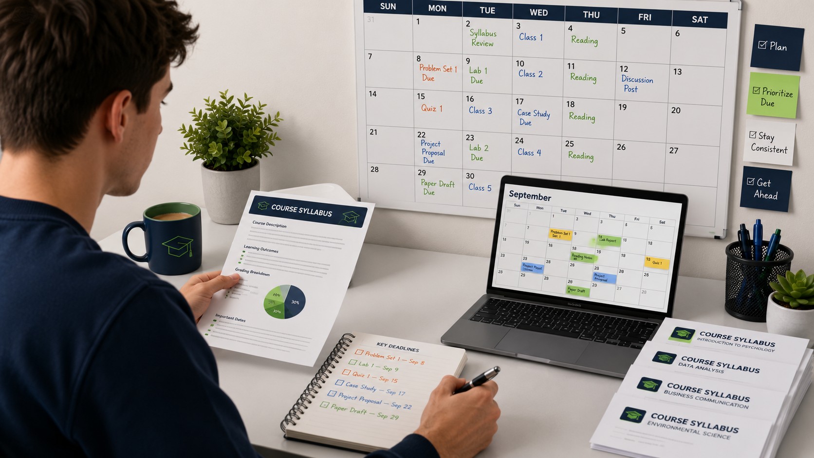 Student reading a course syllabus and mapping semester assignment deadlines into a planner during week one