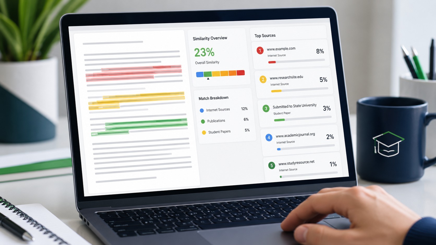 Student reading a Turnitin similarity report with highlighted matched text and colored score bands on a laptop