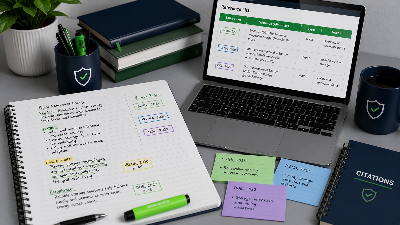 College student organizing research notes with marked citations to avoid plagiarism