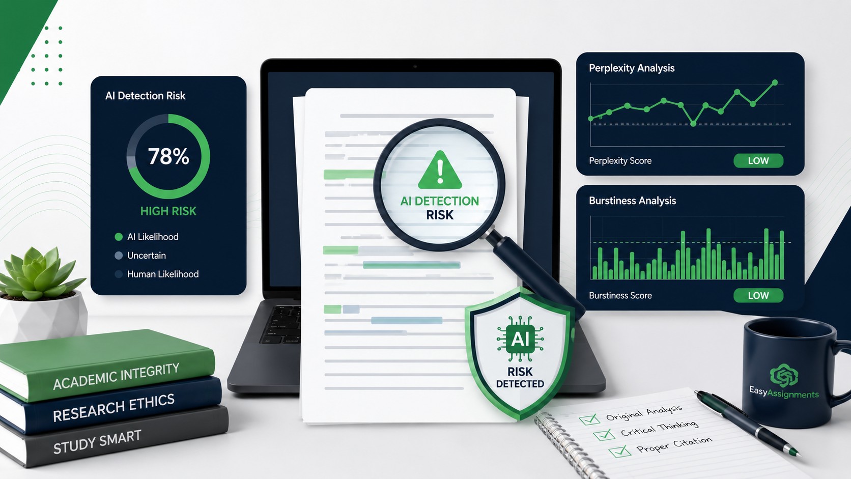 Turnitin AI detection dashboard flagging ChatGPT text with a perplexity and burstiness score