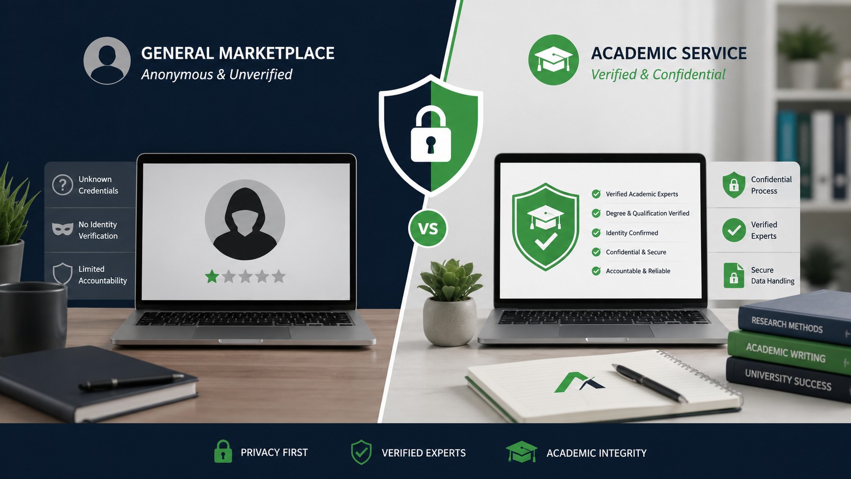 Comparison of anonymous freelancer marketplace versus a verified academic assignment service with data protection