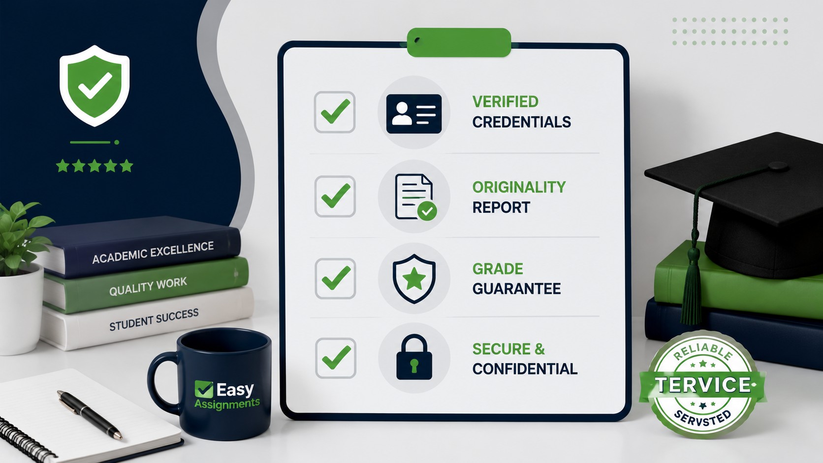 Checklist for verifying a reliable paid assignment service including credentials, Turnitin report, and grade guarantee