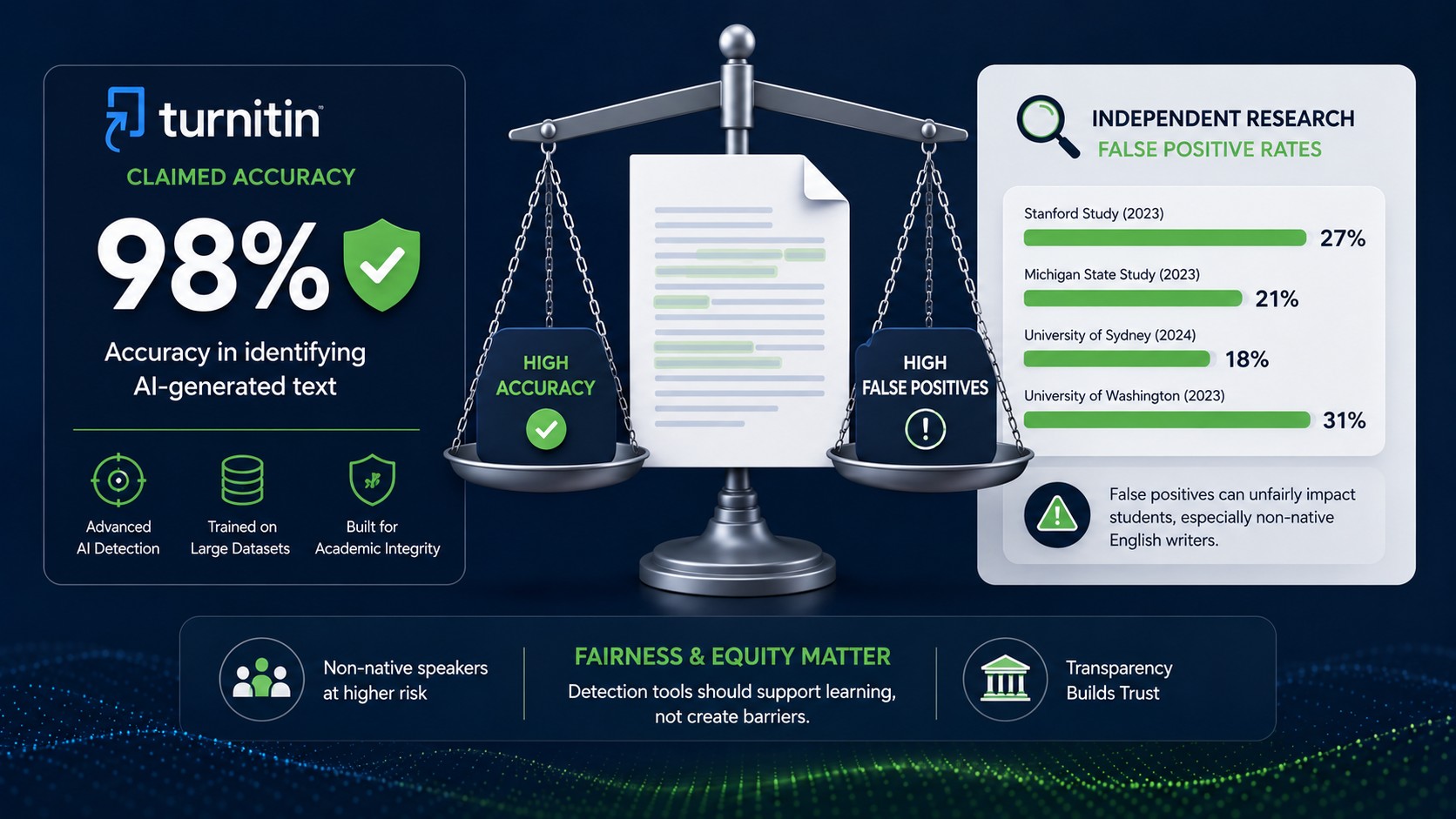 Comparison of Turnitin AI detection accuracy claims versus independent research on false positive rates