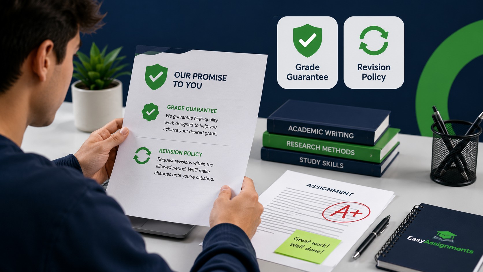 Student reviewing a B-or-better grade guarantee and revision policy before ordering assignment help
