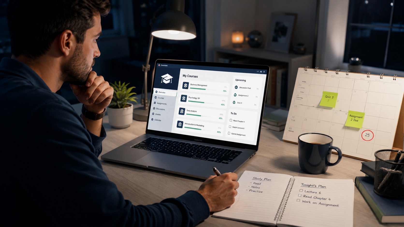 Working adult student managing an online class dashboard and deadlines on a laptop