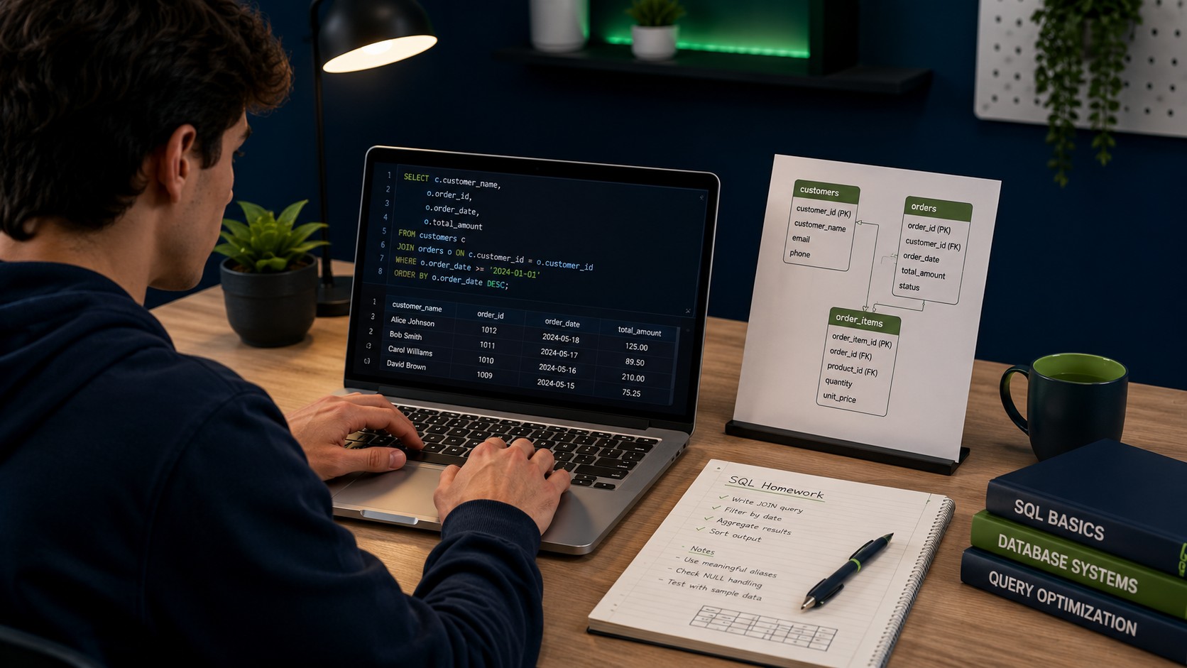 Student reviewing a SQL query and database schema on a laptop while working through a homework assignment