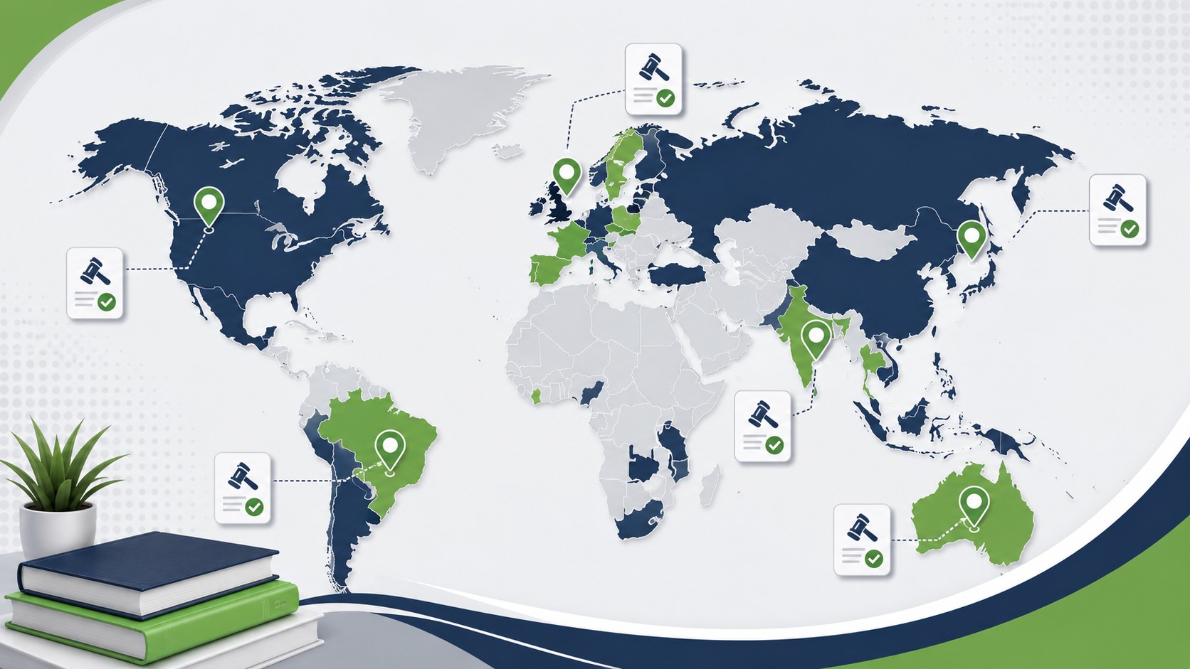 World map illustration showing different homework policy levels across countries in navy and green