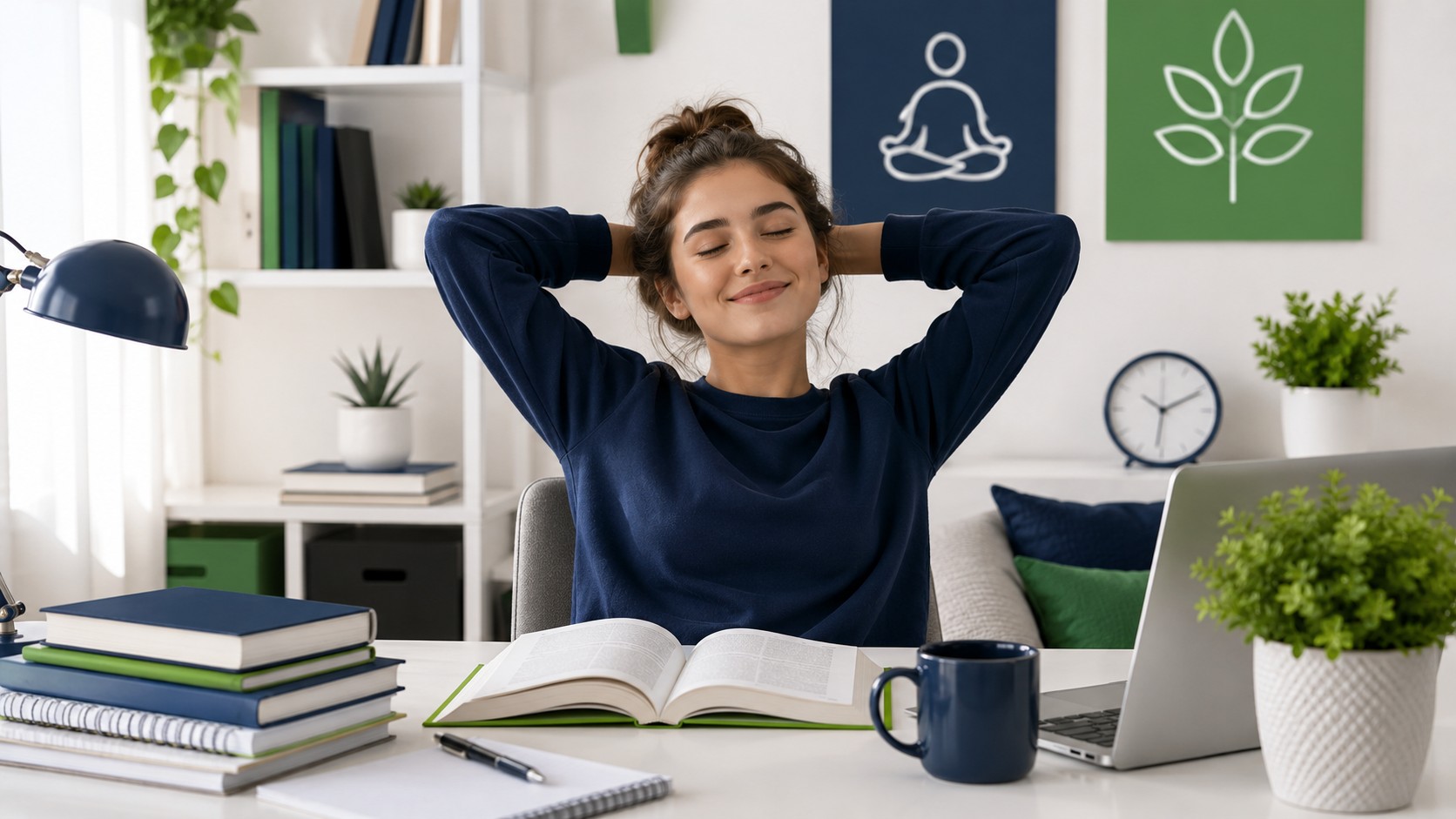 Student relaxing at home with a book instead of heavy homework, illustrating balance and wellbeing