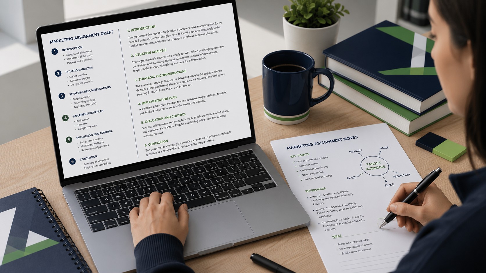Marketing student reviewing a structured assignment draft with references and recommendations on a laptop