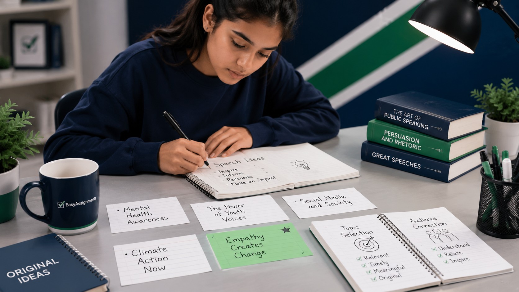 Student writing original oratory ideas on note cards while preparing a competitive speech
